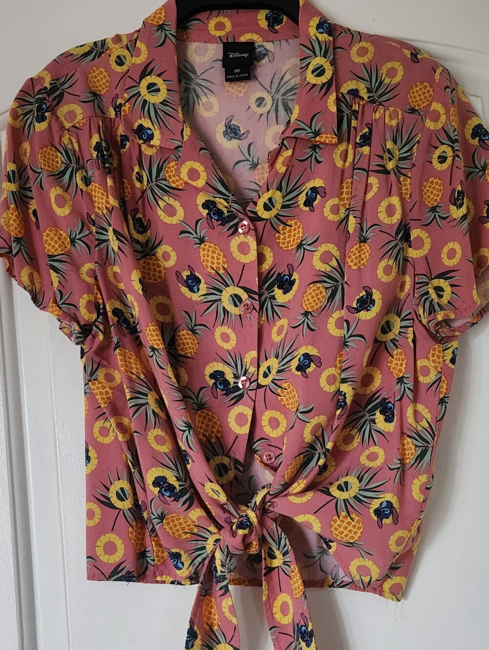 Disney Stitch Pink Pineapple Tie-Front Cropped Blouse